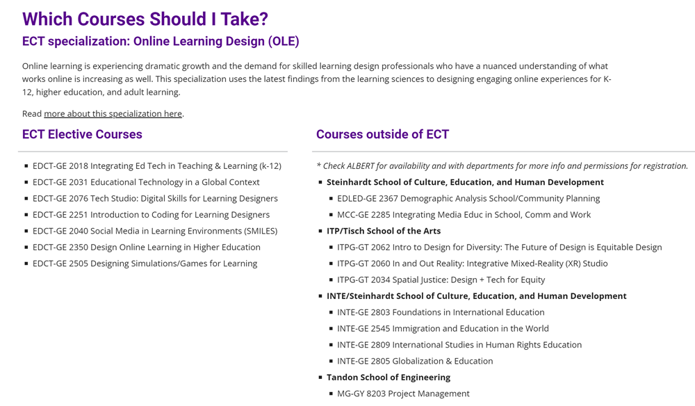 Example of a list of elective courses